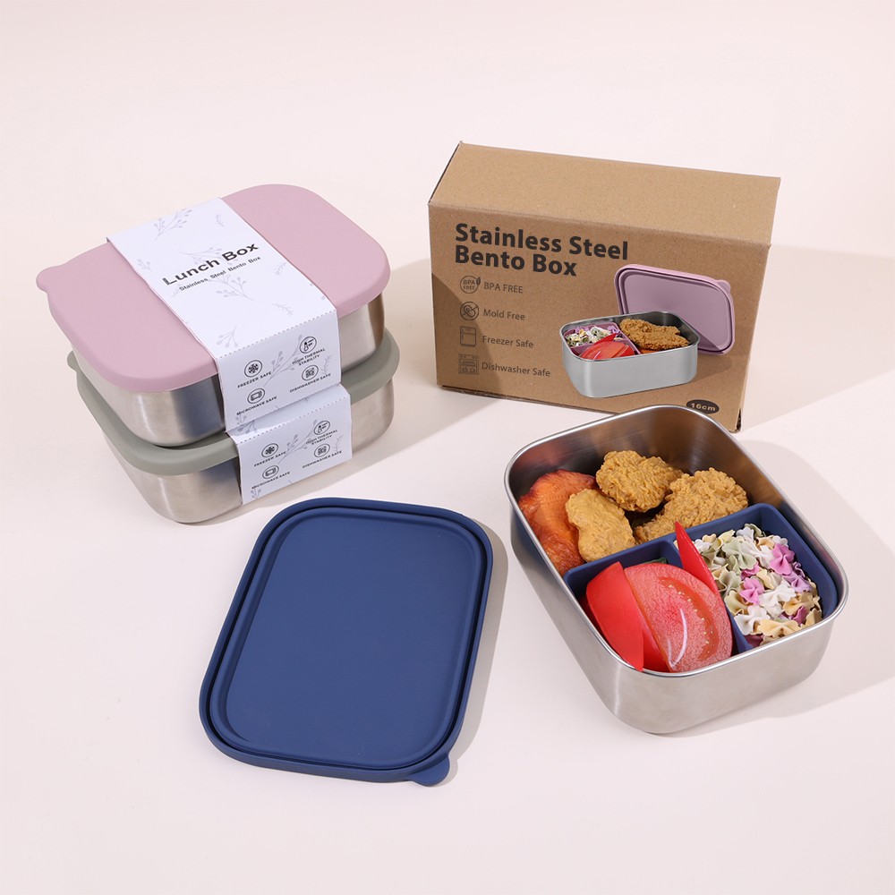 Stainless steel bento box with silicone lid