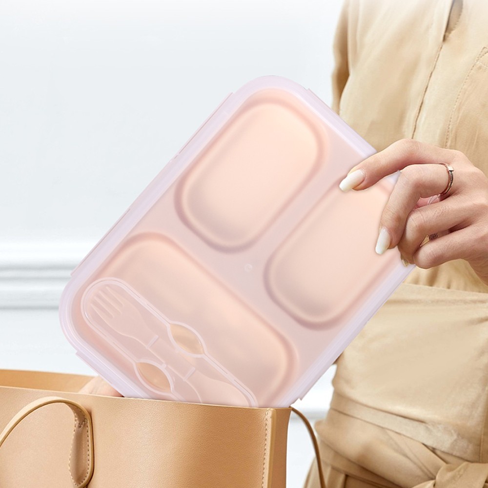 3 Compartment silicone collapsible bento lunch box with spoon lid