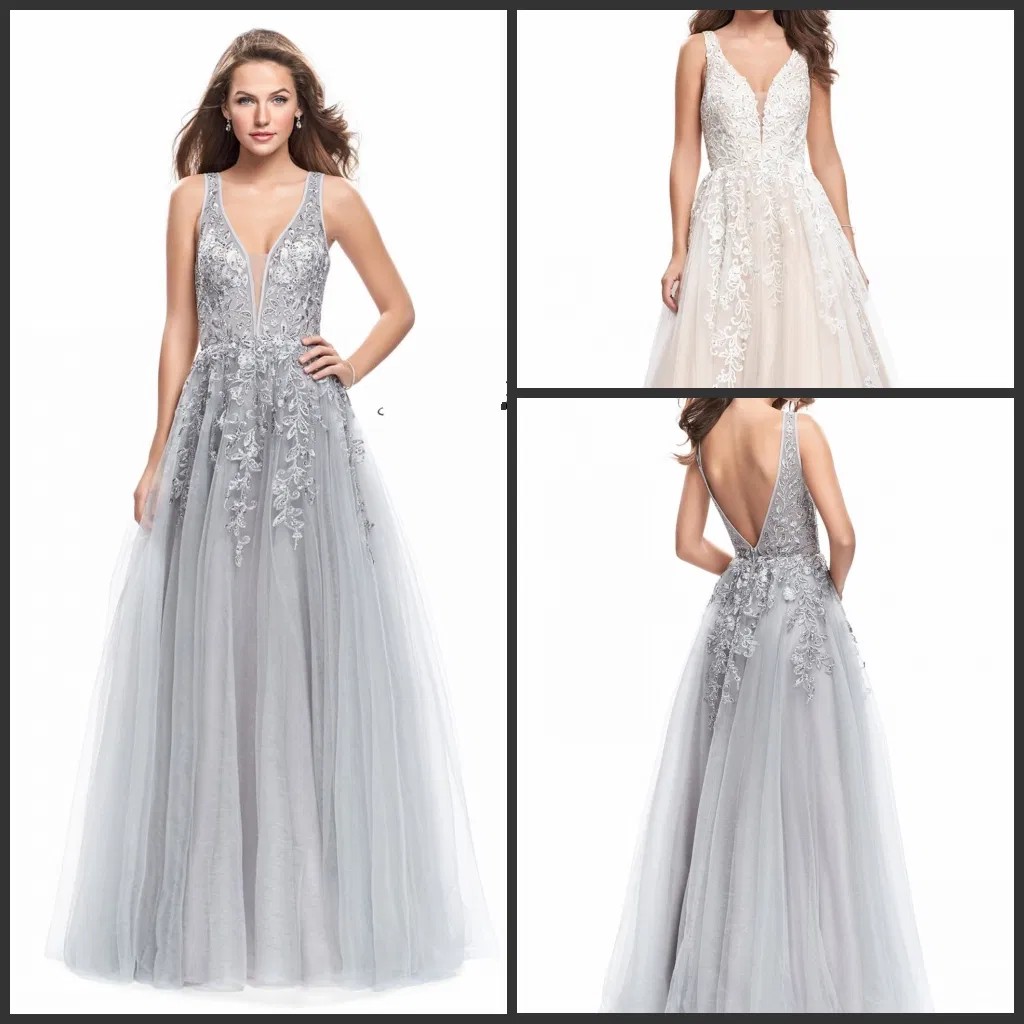 Silver Crystal V-Neck Ball Gown C25051