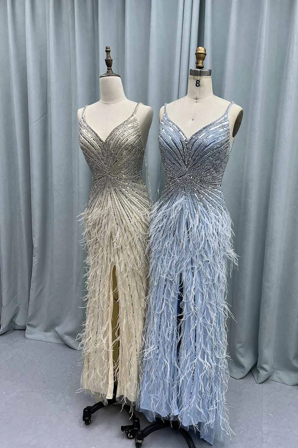 Crystal Feather Strapless Long Cocktail Dress C250529