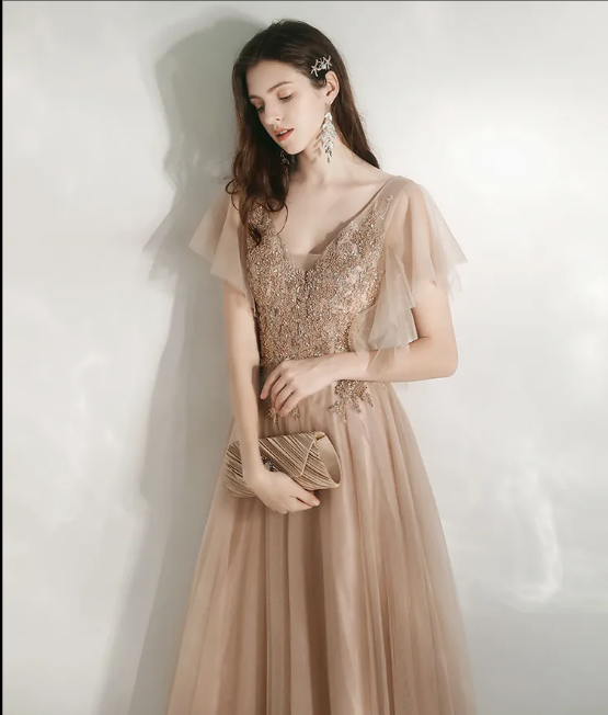 Khaki Chiffon Lace Appliqué Ball Gown C250510