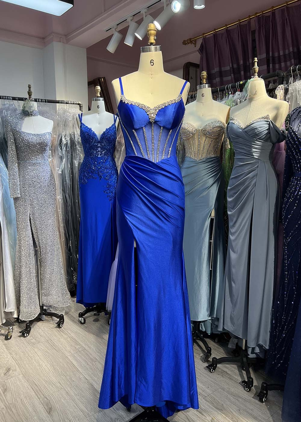 Blue Crystal-Embellished Satin Bridesmaid Dress C250525