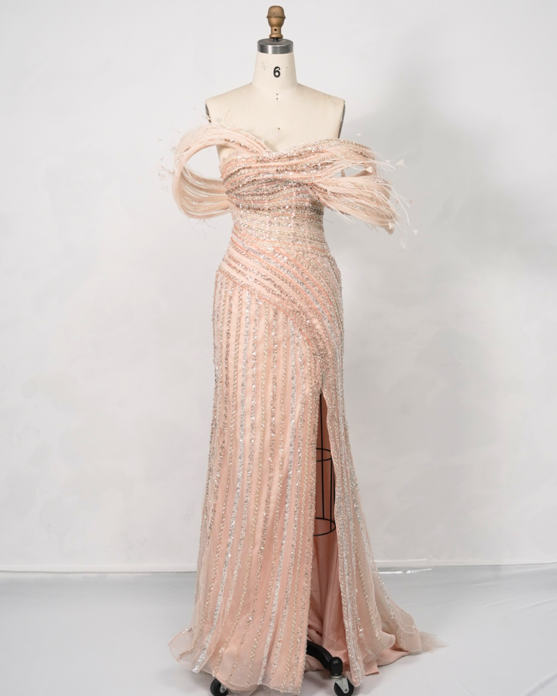 Pink Off-the-Shoulder Slit Cocktail Hostess Dress C250534