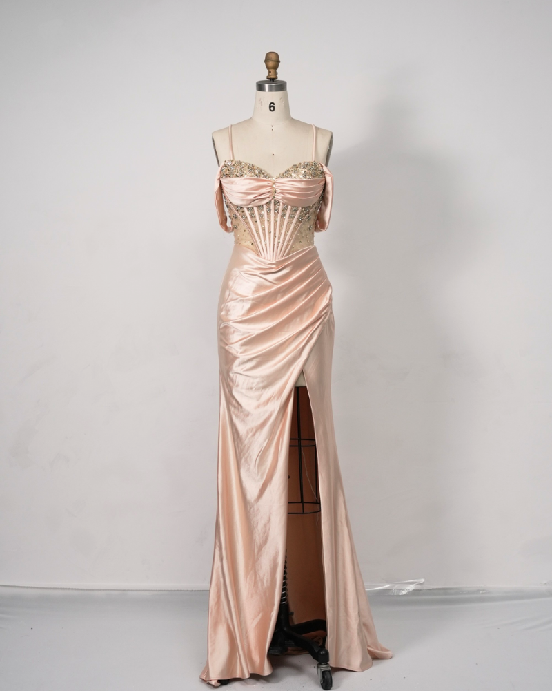 Gold Half-Sleeve Slit Bridesmaid Graduation Dress C250535