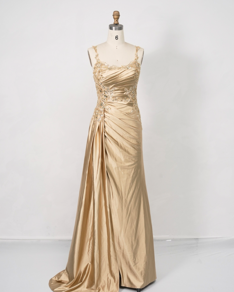 Gold Halterneck Flutter Sleeve Bridesmaid Graduation Dress C250536