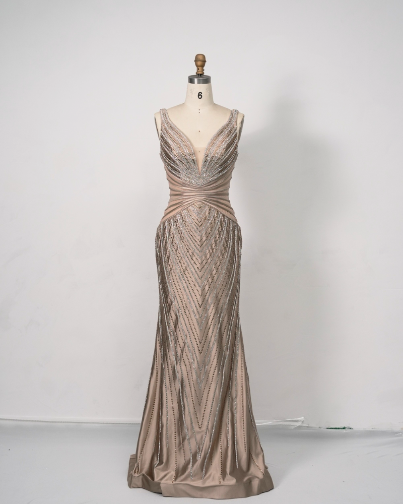 Khaki Thick Strap Crystal Bead Strip Cocktail Hosting Dress C250537