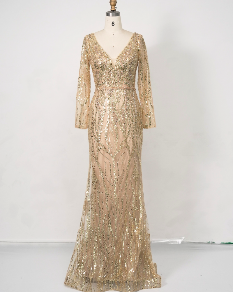 Gold Long-Sleeve Sequin Cocktail Dress C250538