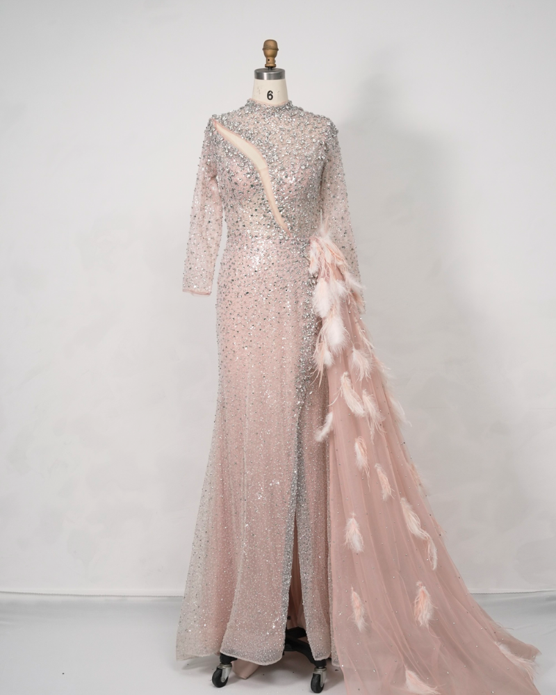 Long-Sleeve Pink Feather Flutter Sleeve Hosting Cocktail Dress C250540