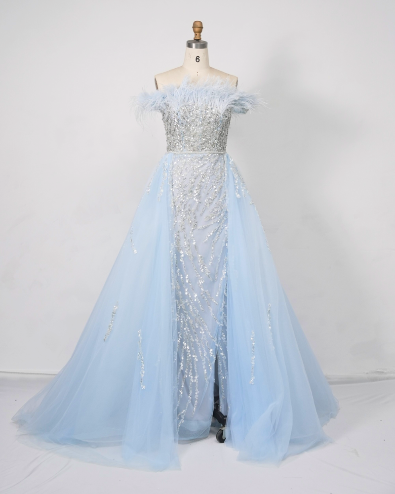 Blue Feather Handmade Diamond Cocktail Dress C250523