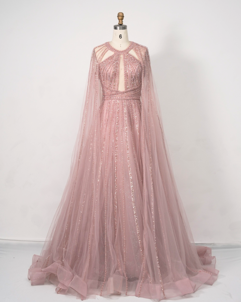 Pink Flutter Sleeve Long Cocktail Dress for Hosting & Banquets C250533