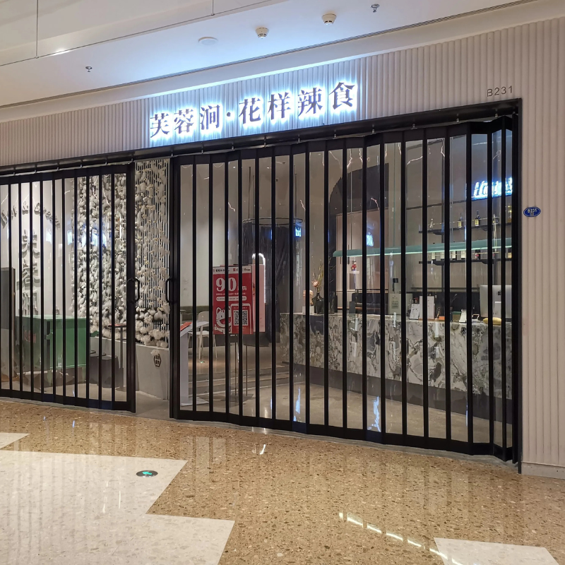 Store Front Transparent Acrylic Sliding Folding Door Black Coated