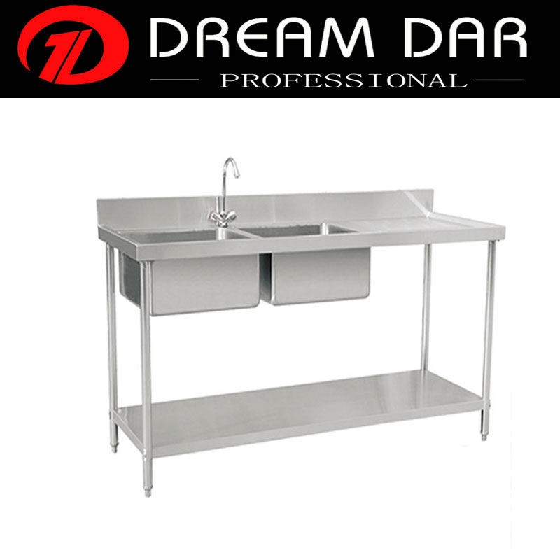 Assemble stainless steel kitchen double sink with table with under shelf and back panel