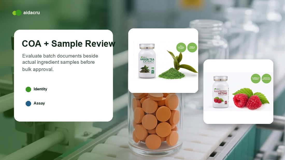 COA review map with real raw material samples infographic for Bulk Supplement Raw Materials Supplier Guide 2026: COA, MOQ and Specification Checklist
