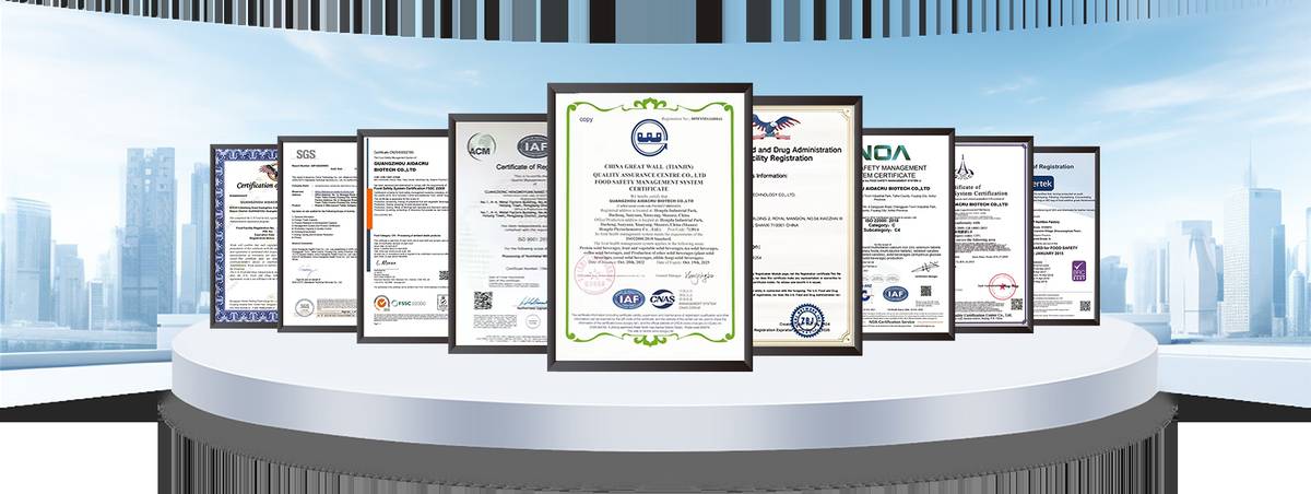Aidacru GMP ISO FDA COA quality certification display