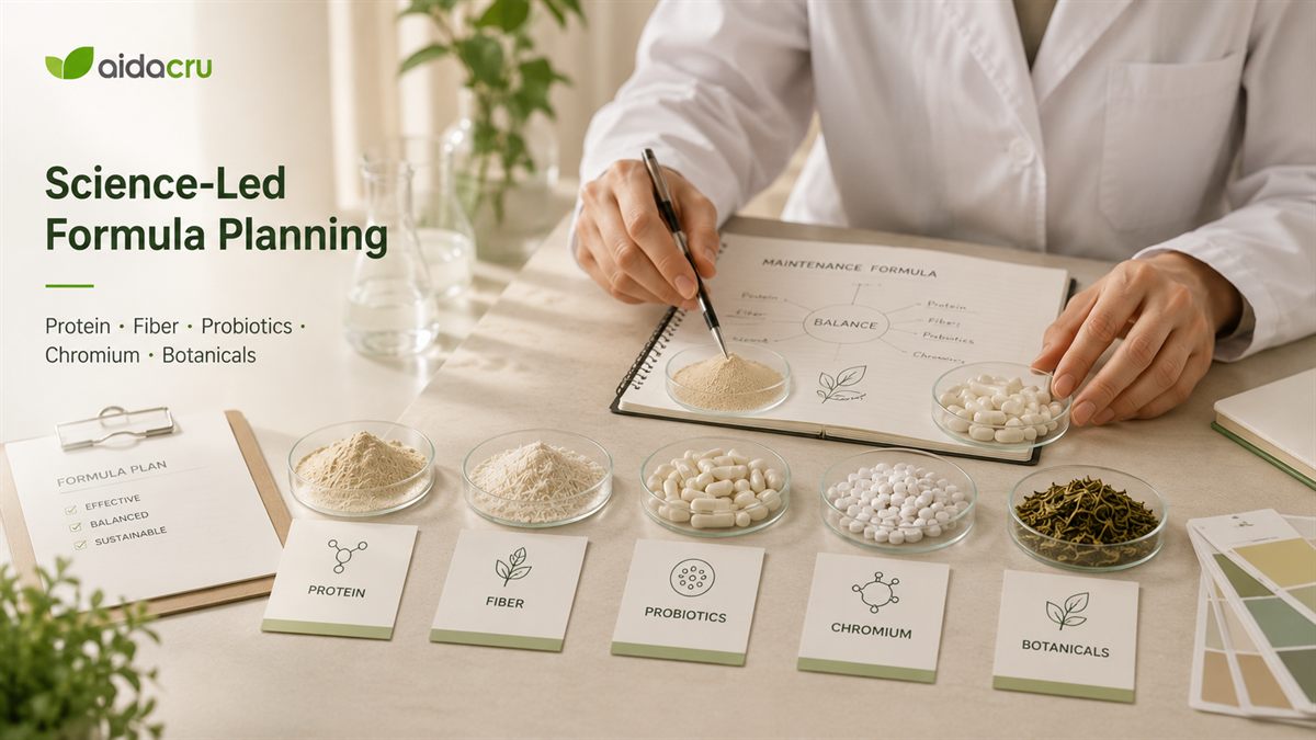 Science-led post GLP-1 maintenance supplement formula planning with protein fiber probiotics chromium and botanicals