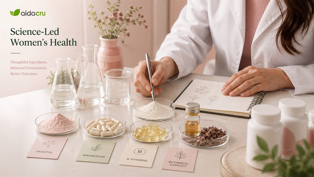 Science-led women's health supplement formula planning with inositol magnesium B vitamins and botanical extracts