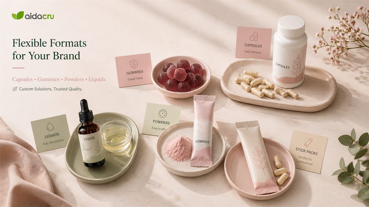 Private label women's hormone balance supplement formats including capsules gummies powders liquids and stick packs