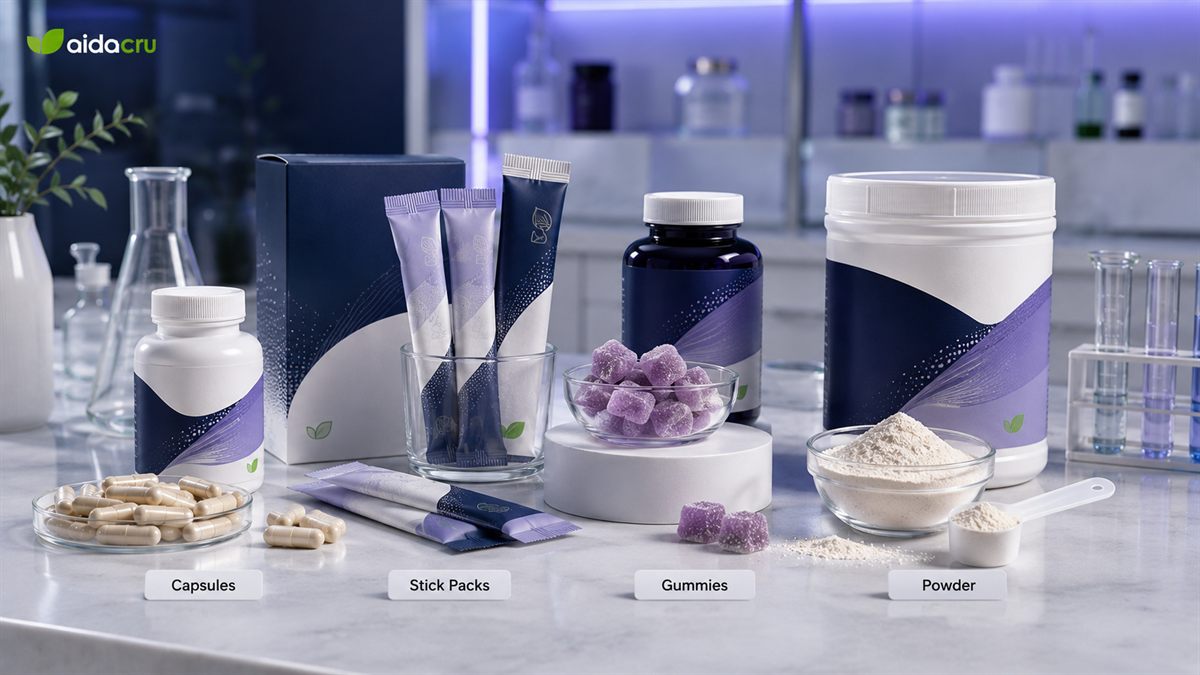 Private label probiotic supplement formats including capsules stick packs gummies and powder