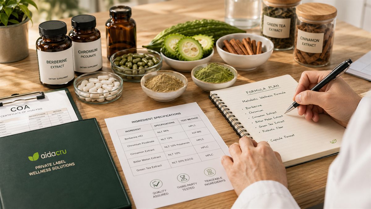 Metabolic wellness supplement formula planning with chromium berberine cinnamon bitter melon and green tea extract