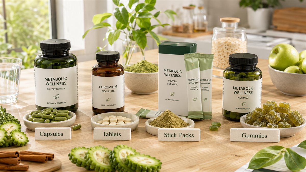 Private label metabolic wellness supplement formats including capsules tablets stick packs and gummies