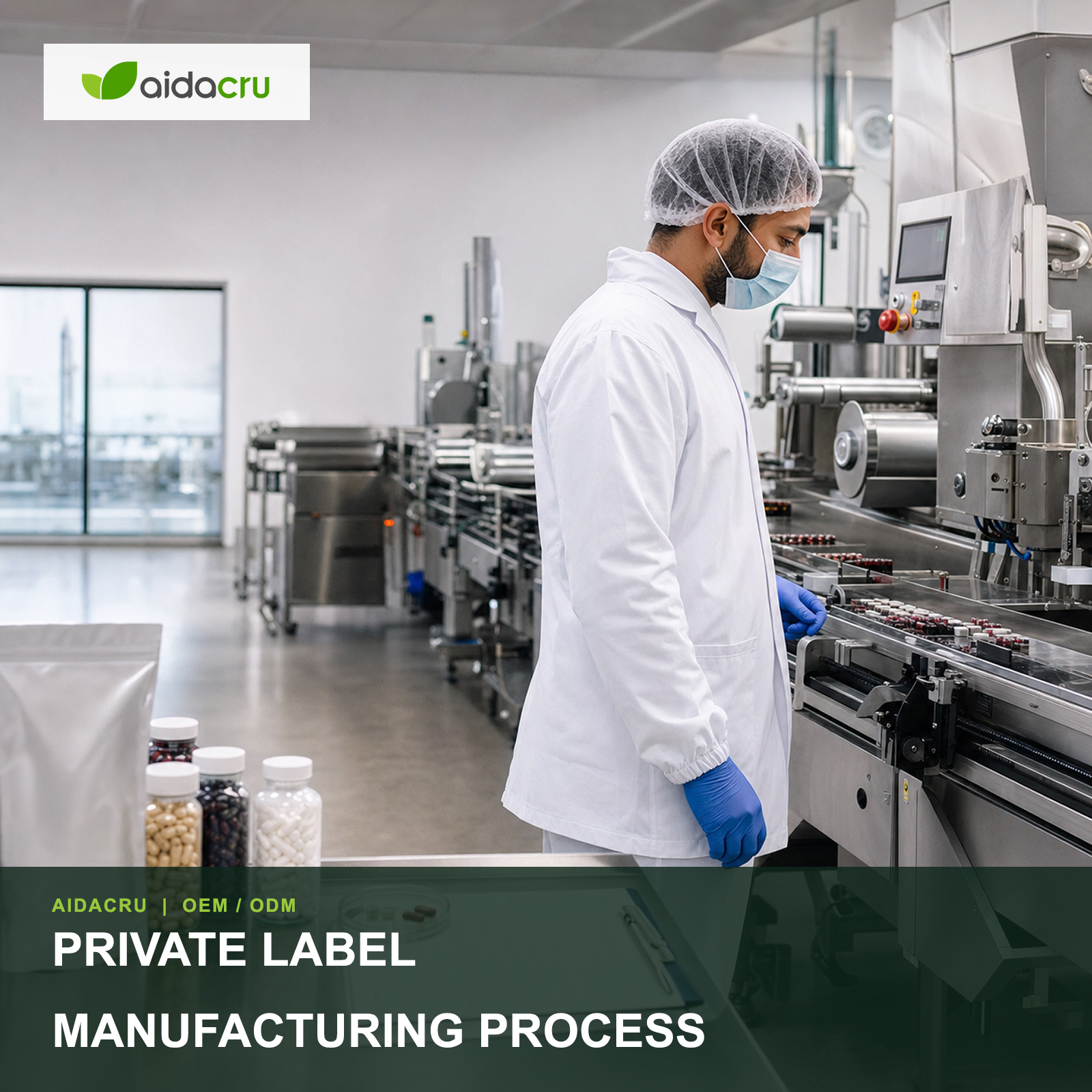 Private label supplement manufacturing workflow from concept and samples to packaging, quality checks and finished products.