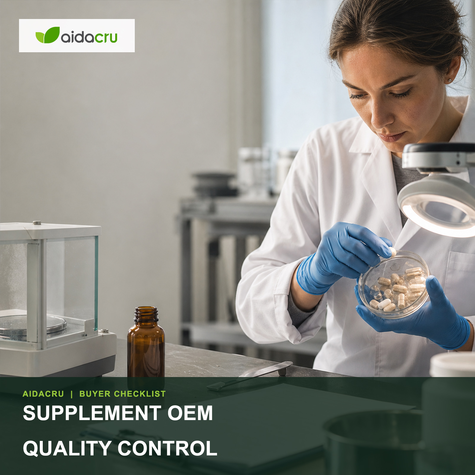 Supplement OEM quality control inspection desk with samples, label proof, checklist and packaging verification items.
