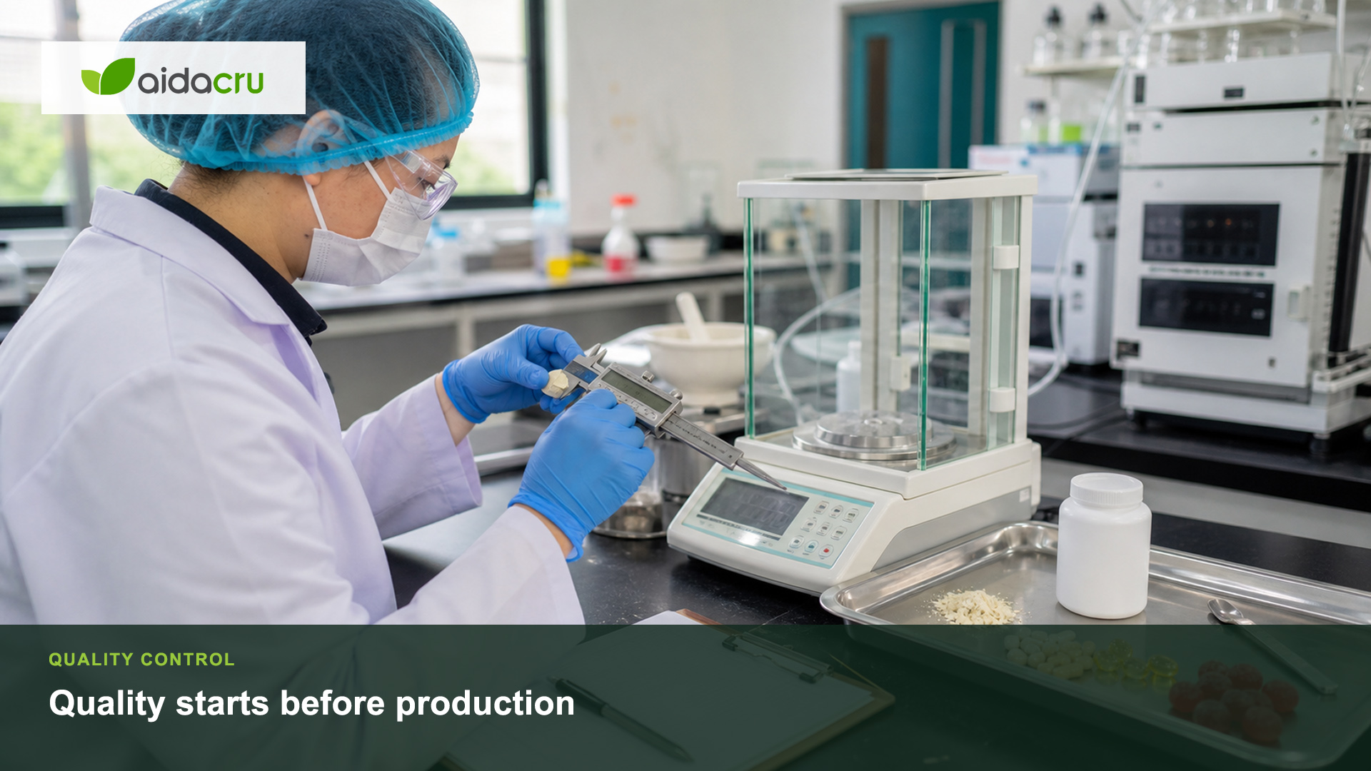 Supplement OEM quality control inspection desk with samples, label proof, checklist and packaging verification items.