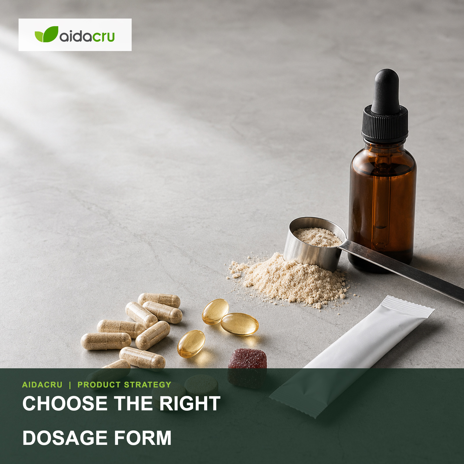 Supplement dosage form comparison grid with capsules, gummies, powders, stick packs, tablets, liquids and softgels for private label brands.