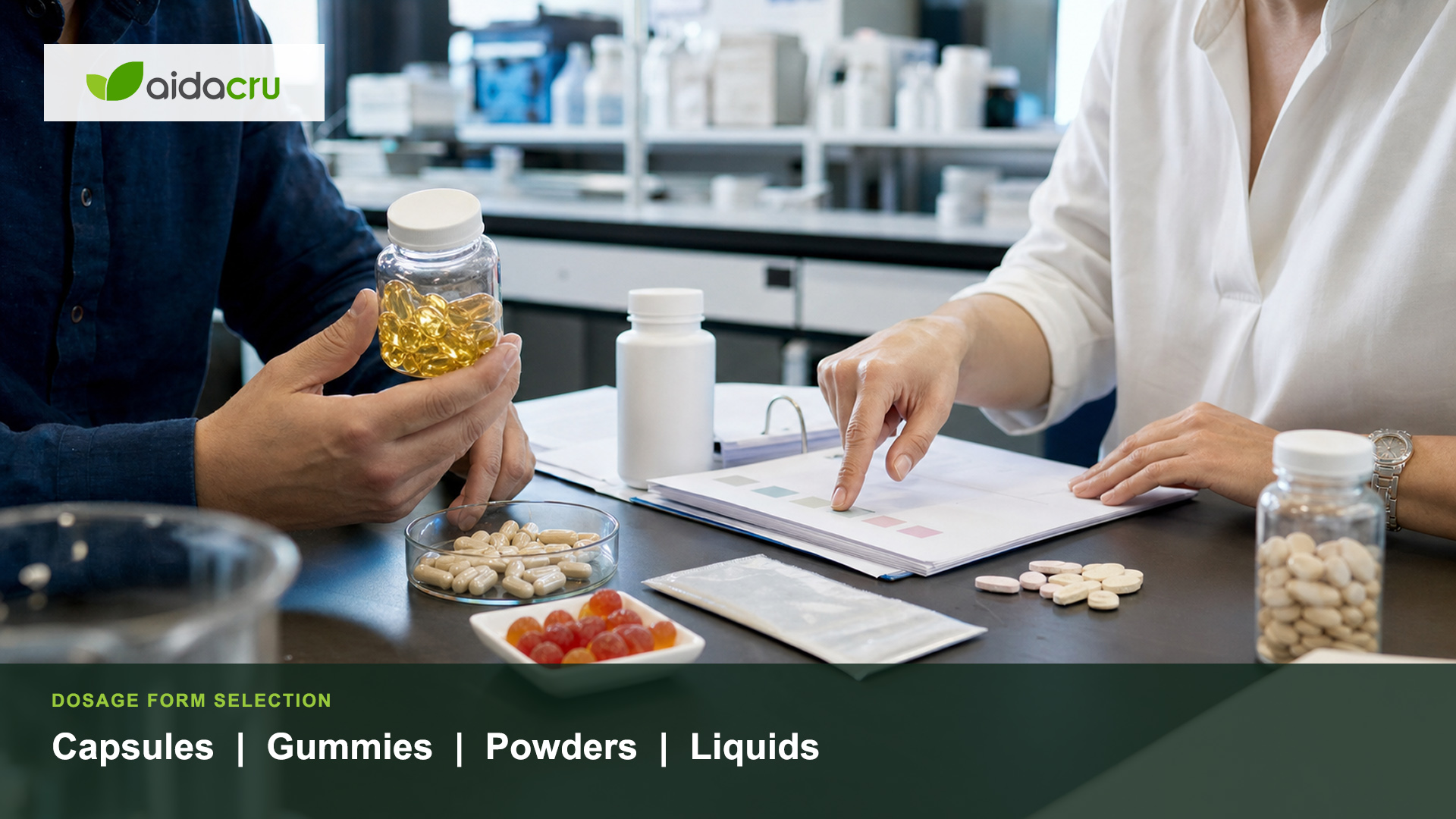 Supplement dosage form comparison grid with capsules, gummies, powders, stick packs, tablets, liquids and softgels for private label brands.