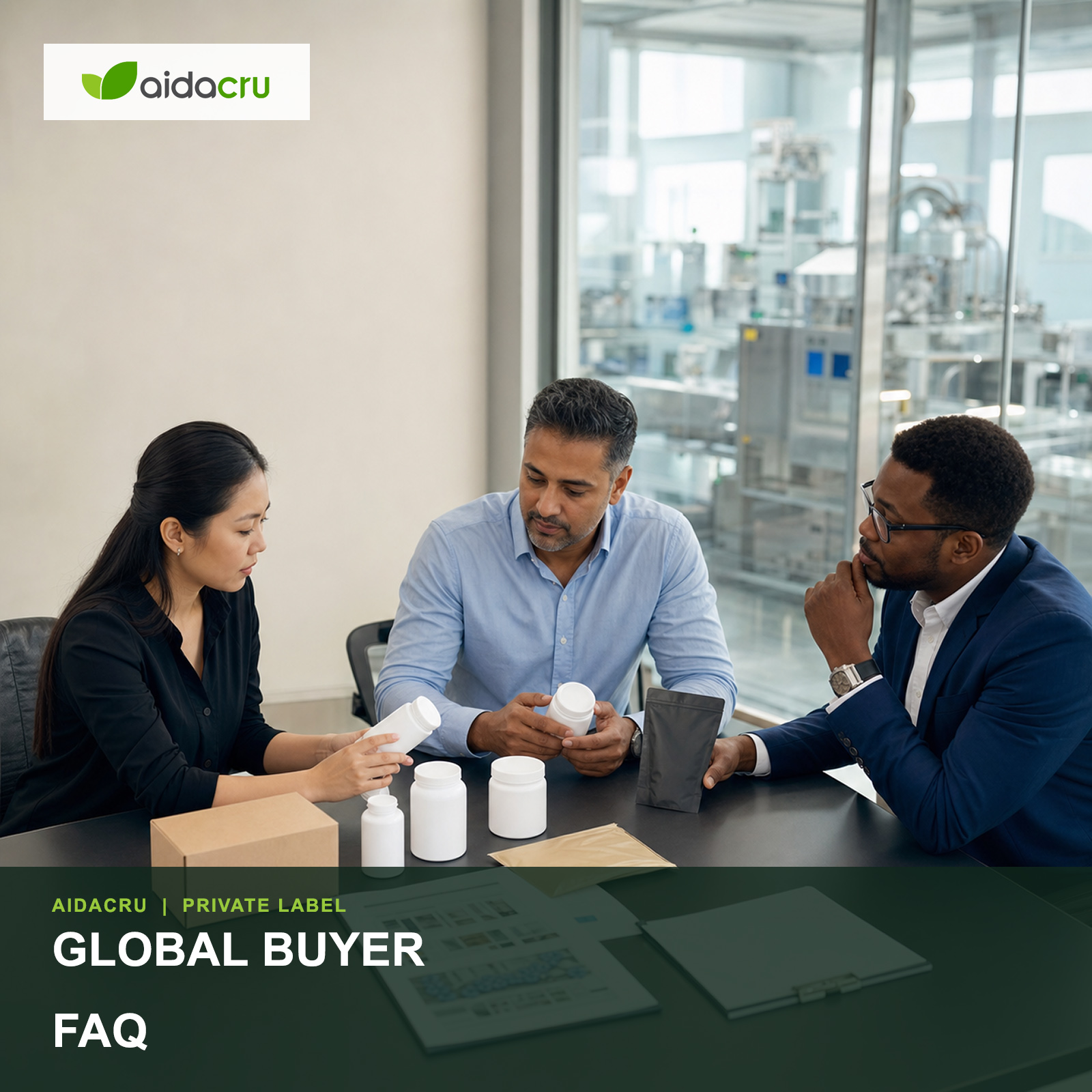 Global private label supplement buyer desk with product samples, packaging mockups, inquiry checklist and world map.