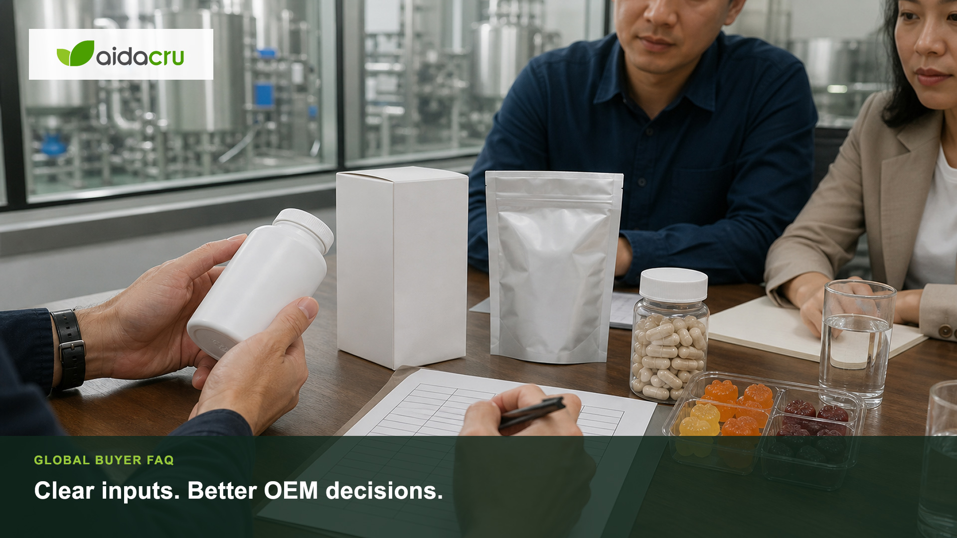 Global private label supplement buyer desk with product samples, packaging mockups, inquiry checklist and world map.