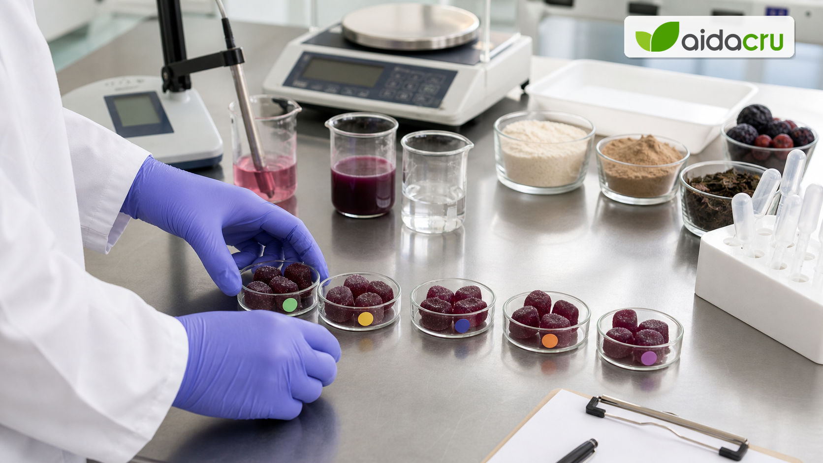 Aidacru team conducting coded blind tasting of vegan berry gummy samples in a supplement development laboratory