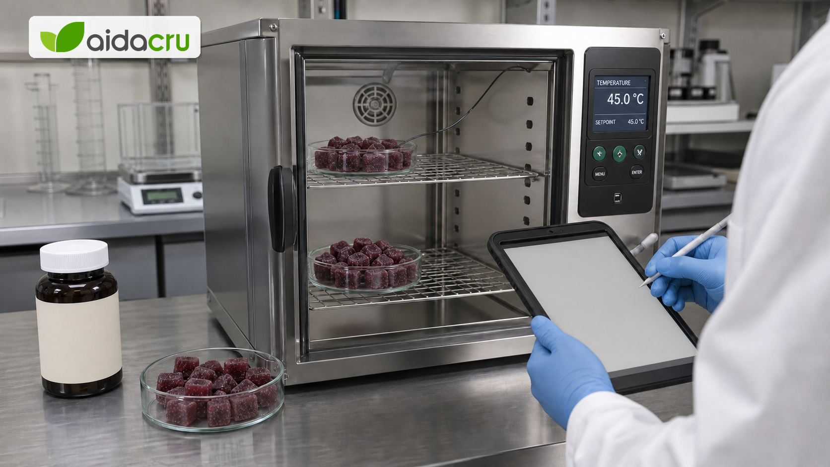 Aidacru elevated-temperature gummy stability test at 45 degrees Celsius with documented sample observations