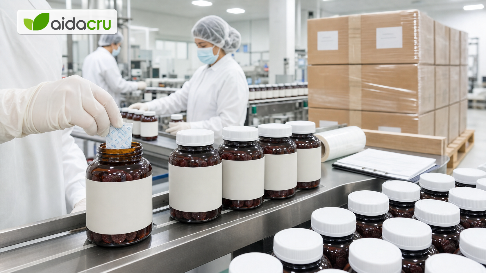 Aidacru private-label gummy bottling line using amber rPET bottles, white closures, desiccants and shipping cartons
