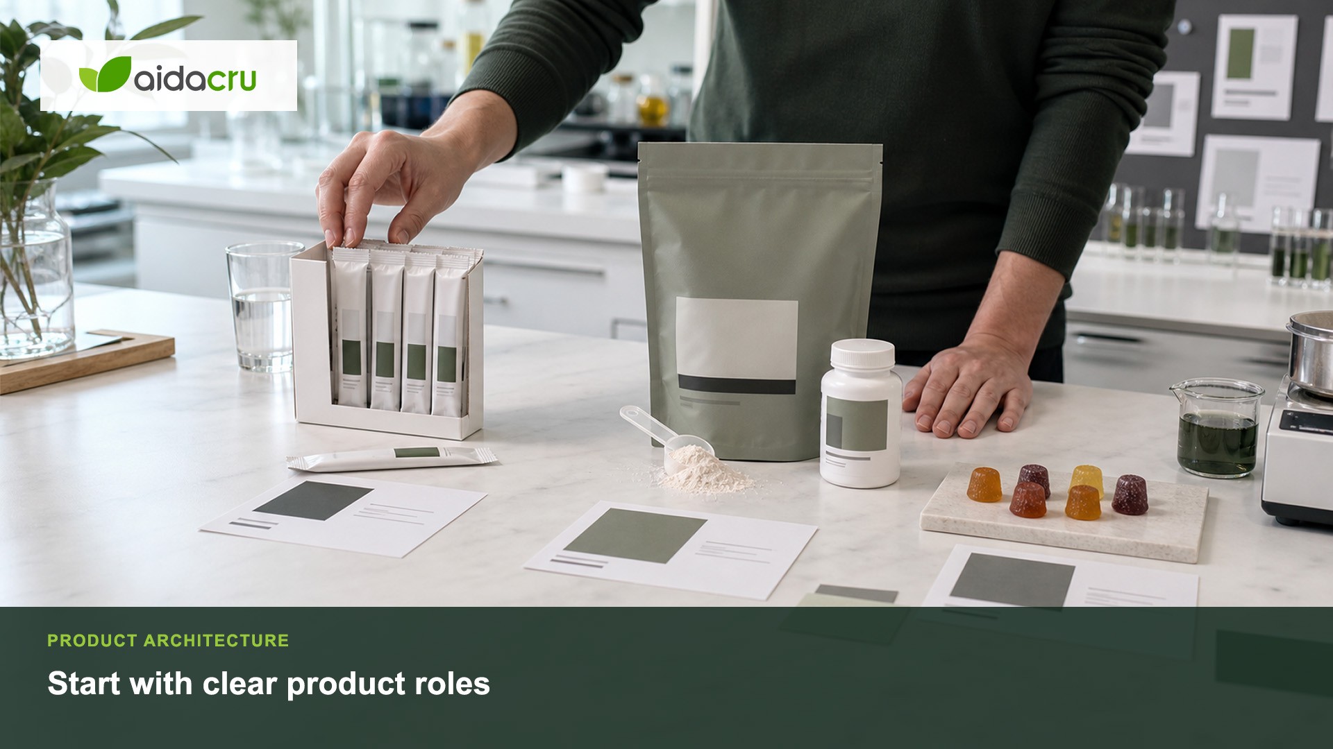 Commercial supplement planning desk with three GLP-1 companion nutrition concepts organized by daily routine and dosage format