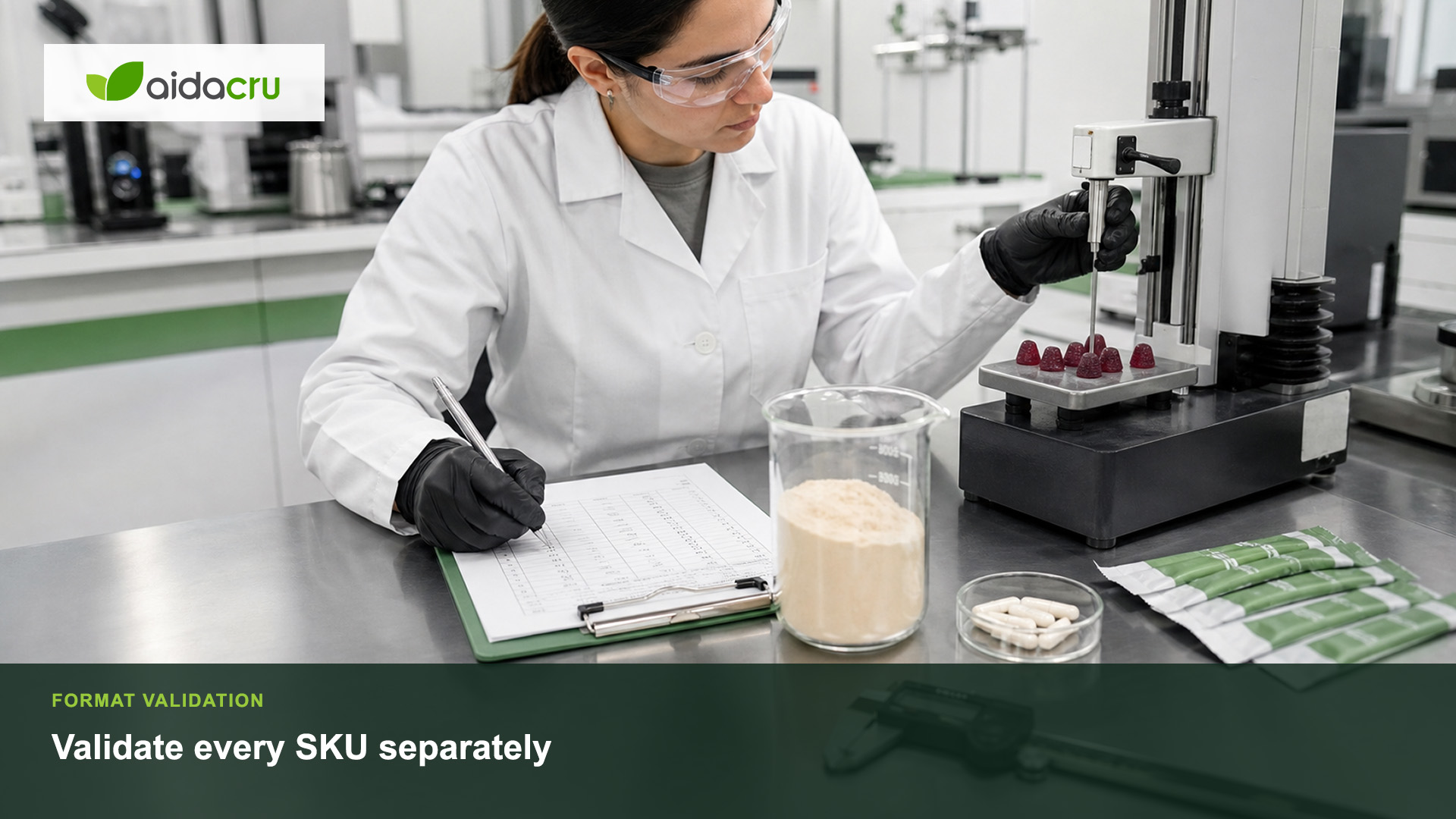 Supplement laboratory review of powder flow gummy texture capsule fill and stick pack seals for a multi-format GLP-1 companion line