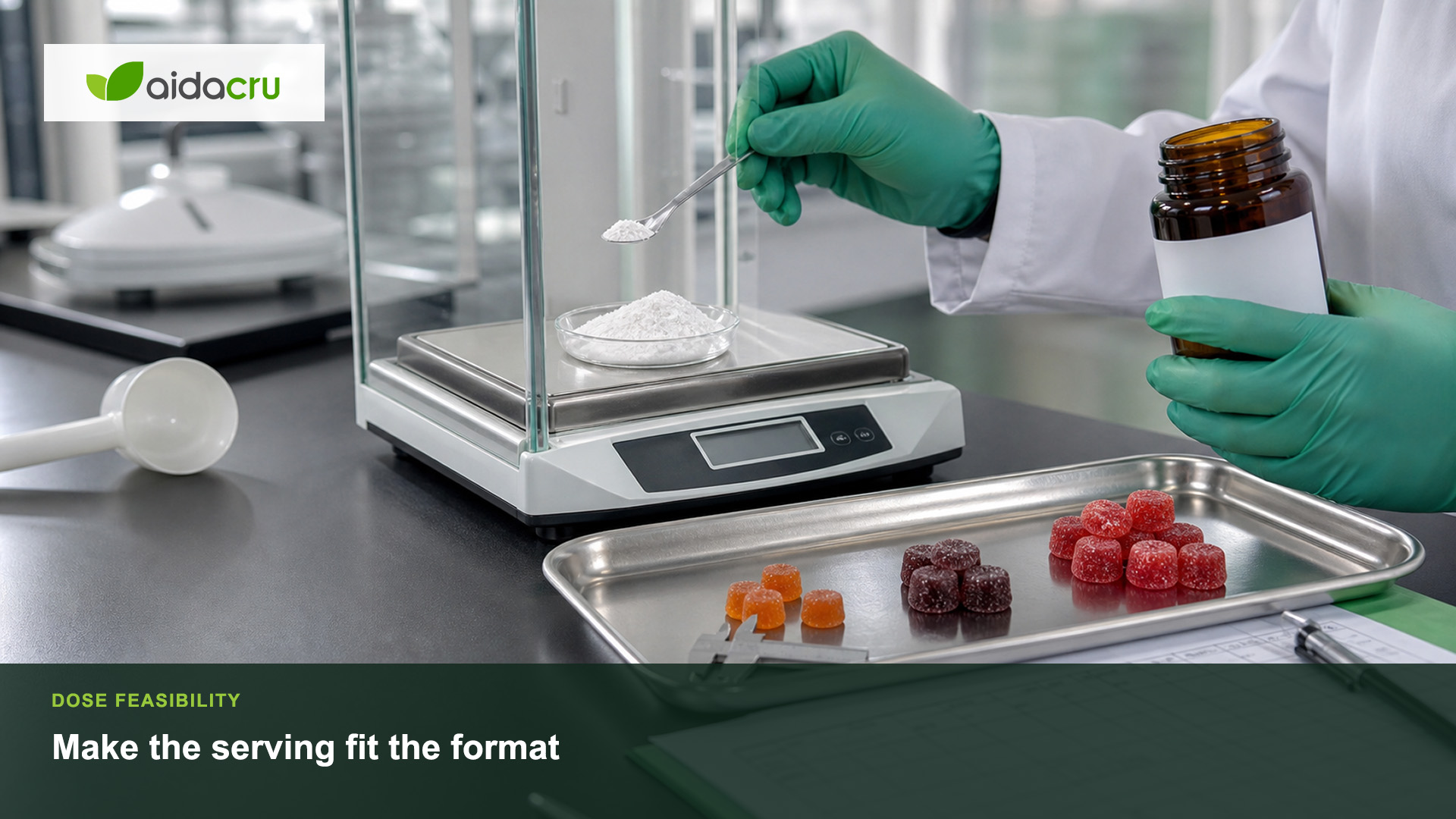 Supplement formulation specialist weighing creatine powder and comparing several gummy sizes for serving capacity