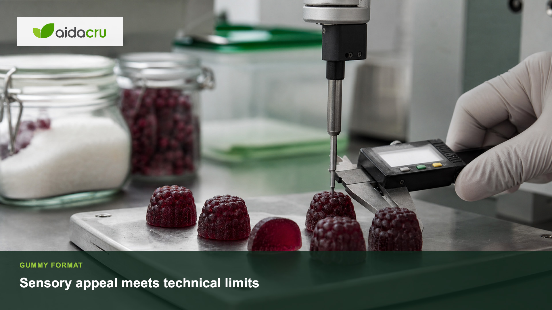 Close-up laboratory comparison of vegan pectin gummies showing texture color and measured serving count