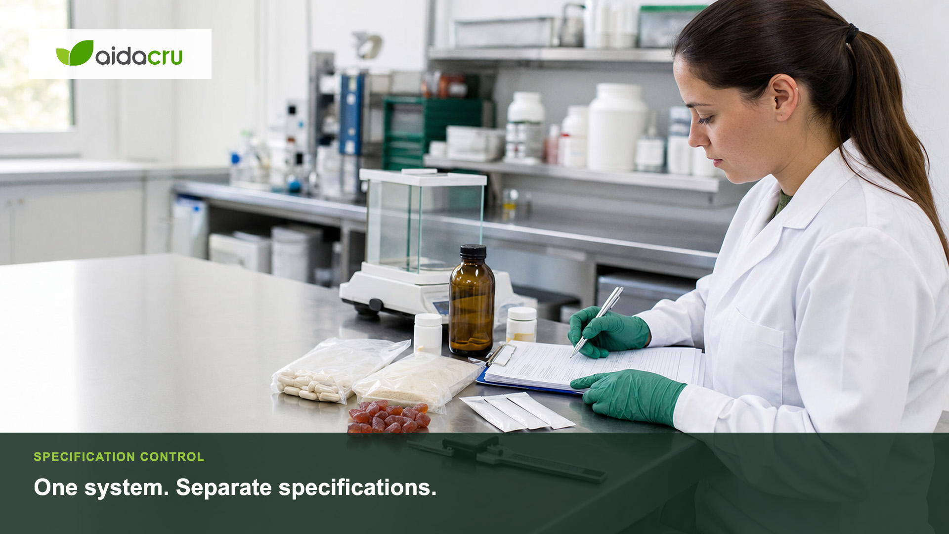 Quality team reviewing separate specification folders for gummies powders capsules stick packs and liquid supplements