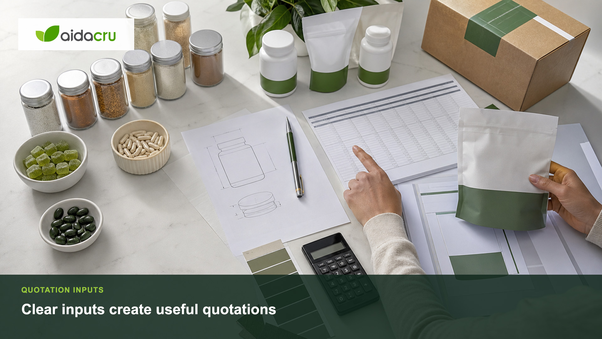 Supplement sourcing manager completing a structured RFQ form beside ingredient specifications and packaging samples