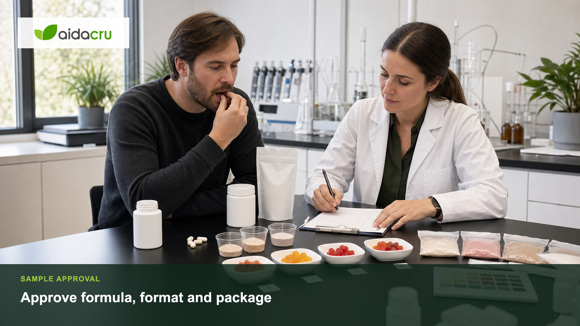 Realistic sample approval station with coded gummy powder capsule and stick pack samples prepared for international shipment