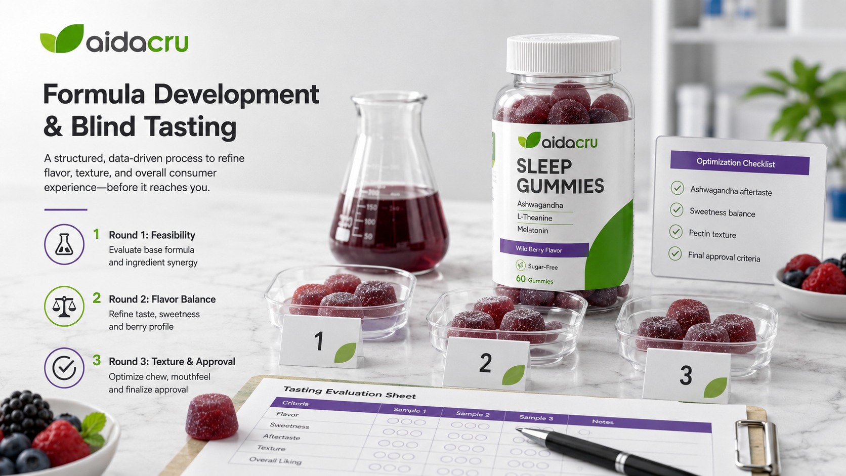 Aidacru team conducting coded blind tasting of vegan berry gummy samples in a supplement development laboratory