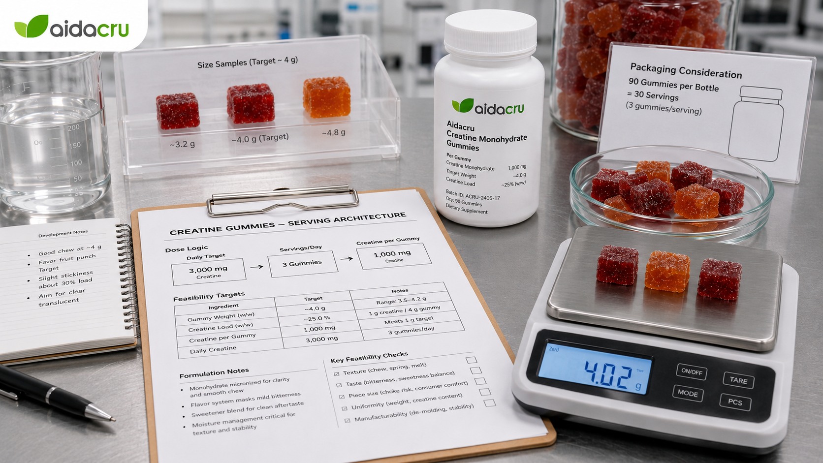 Creatine gummy serving architecture review with gummy weight dose and packaging calculations