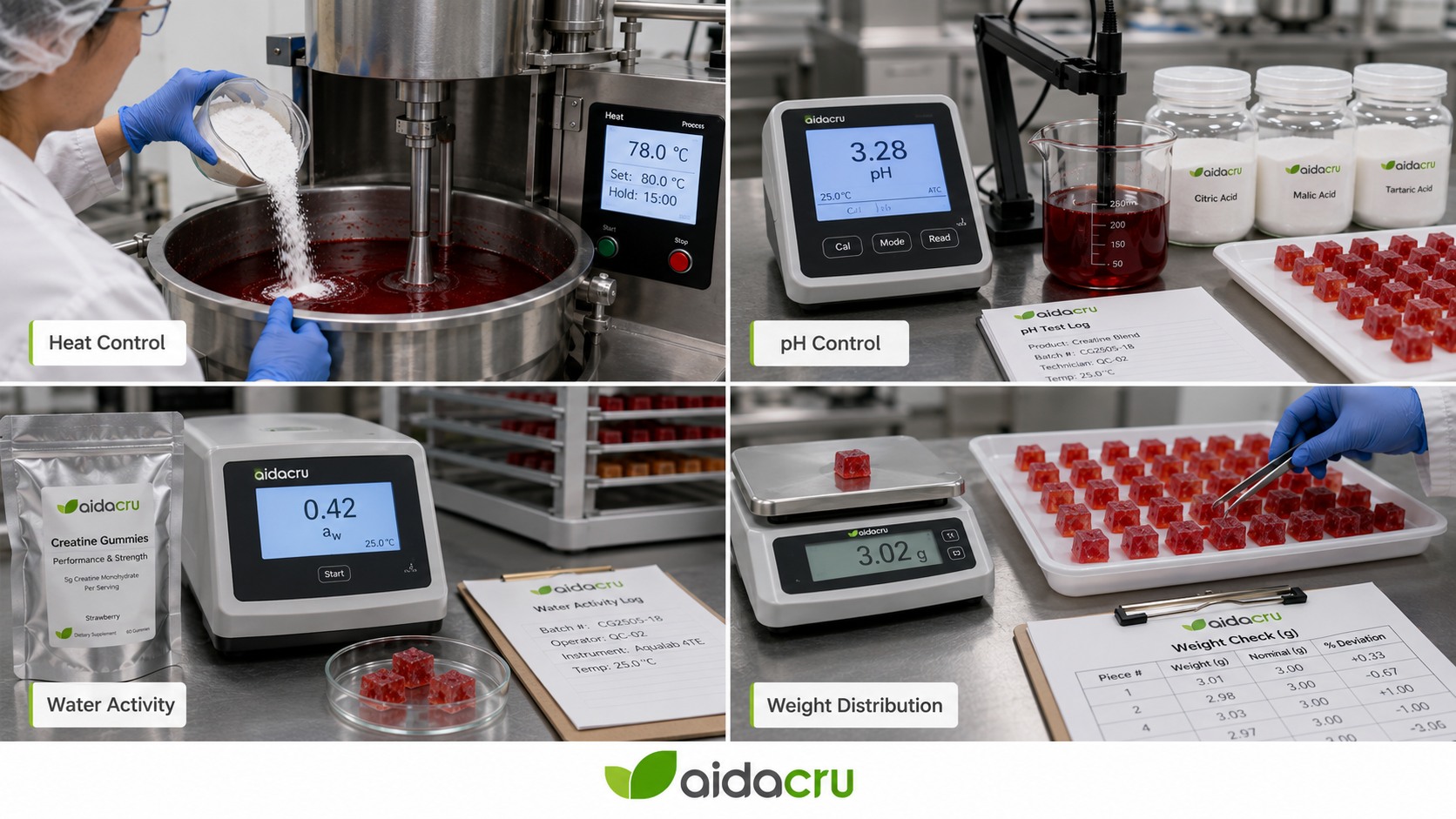 Creatine gummy process controls for heat pH water activity and piece-weight distribution