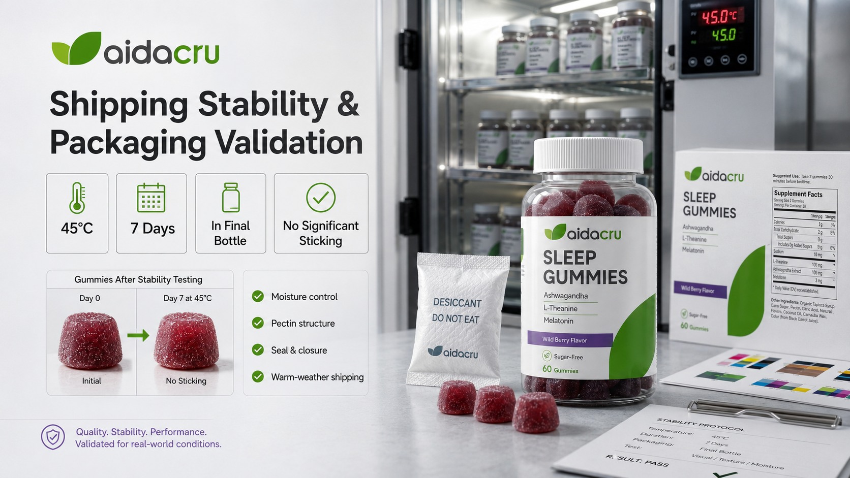 Aidacru elevated-temperature gummy stability test at 45 degrees Celsius with documented sample observations