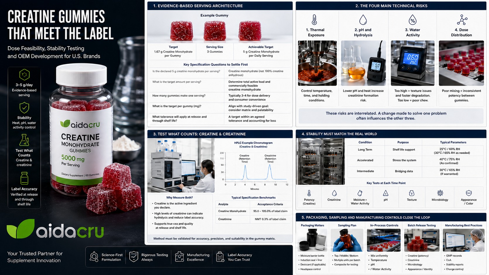 Creatine gummy technical control map covering serving design testing stability packaging and manufacturing controls