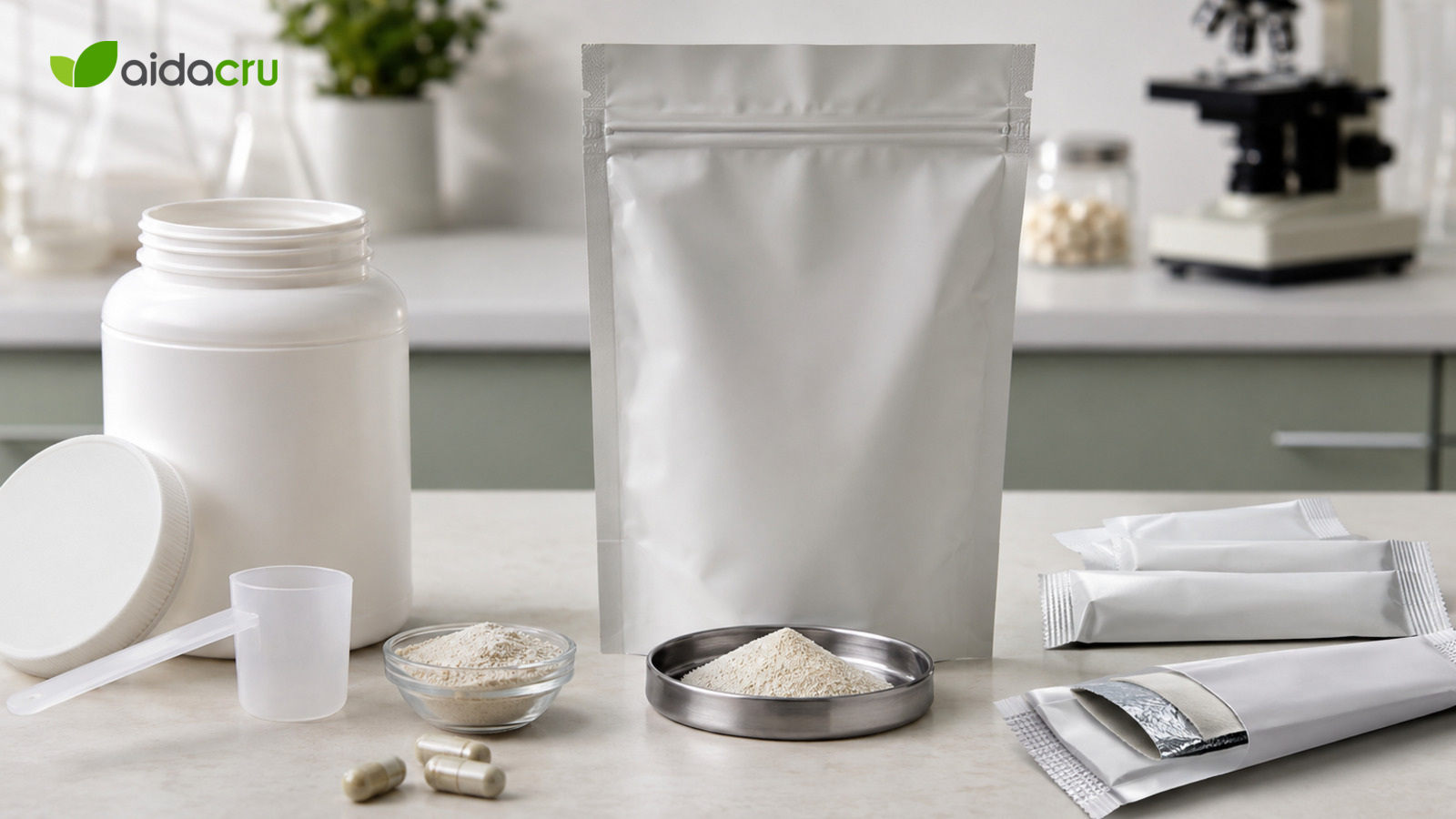 Bottle, flexible pouch and stick packs selected for different supplement dosage forms