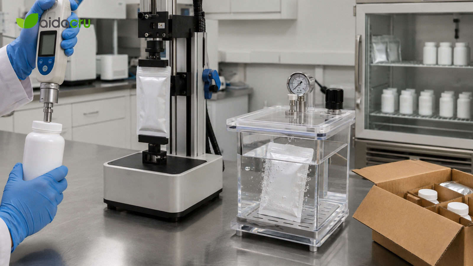 Supplement bottle, pouch and seal components undergoing packaging compatibility tests