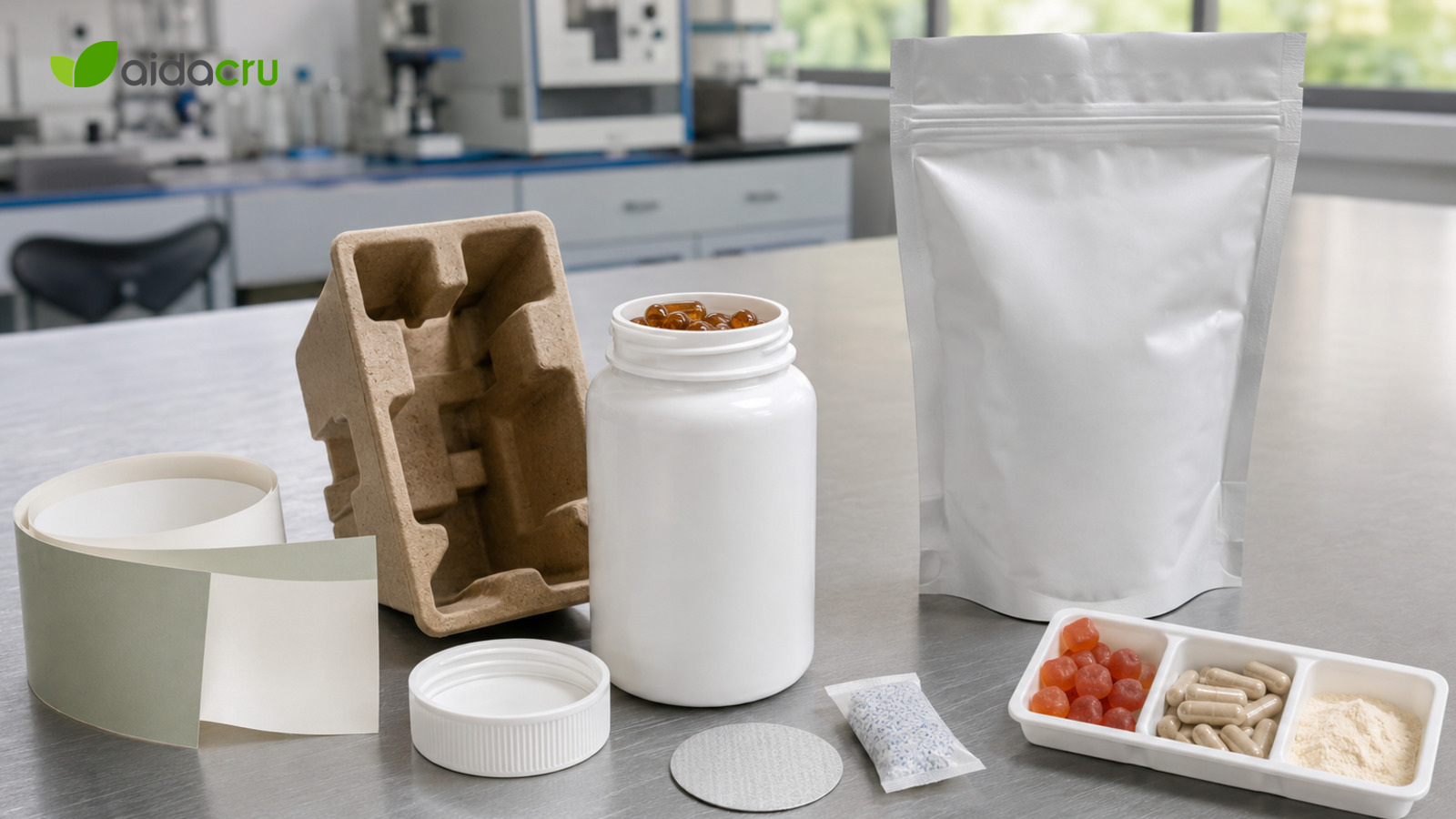 Supplement bottle, pouch, labels and protective packaging components for compatibility review