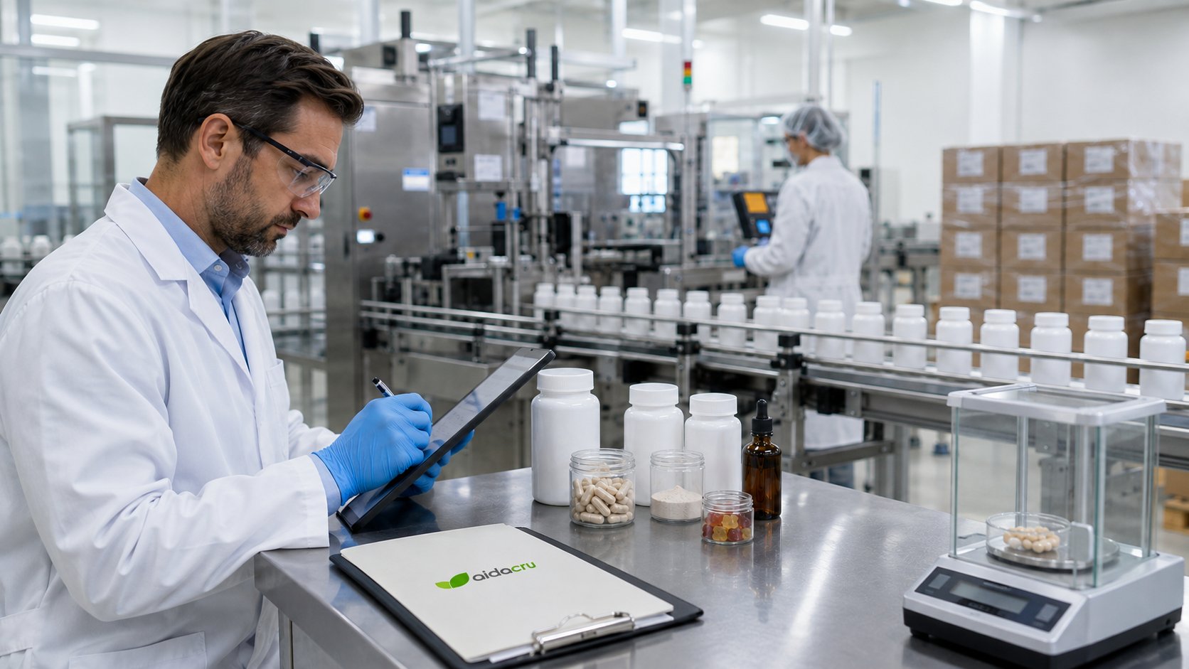 AI supplement formula manufacturing review at a production and quality control workstation